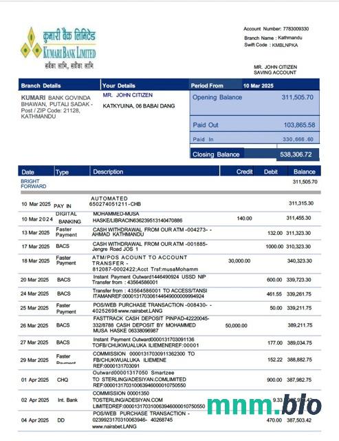 Nepal Bank Nepal szablon oświadczenia w programie Word i PDF